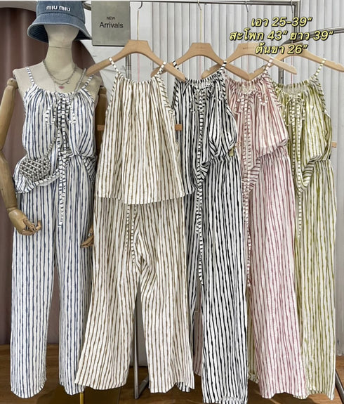 Women Stripes Drawstring Tie Tops With Trousers sets
